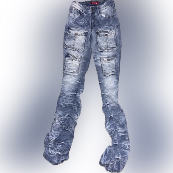 Smoke rise RED Blue wash denim stacked/ bunched - ranched pockets jeans sz small - Picture 2 of 9